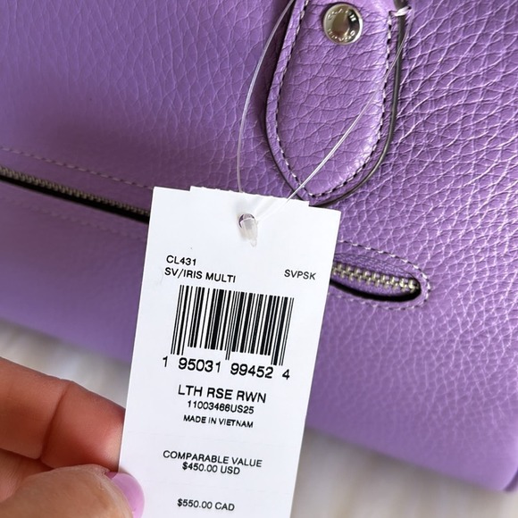 NWT Coach Rowan Satchel With Rose Print/ Refined Pebble Leather/Purple - Picture 10 of 10